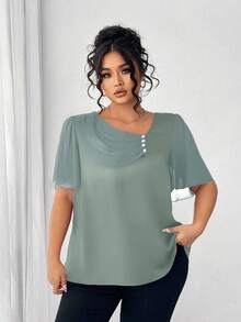 Elenzga Plus Size Asymmetrical Ruffle Collar Button Decor Short Sleeve Elegant Blouse - Green - View 3