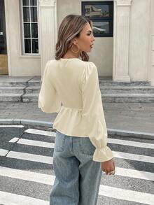 SHEIN Frenchy Áo sơ mi nữ tay dài xếp ly đơn sắc, thường ngày - Vàng nhạt - Xem 2