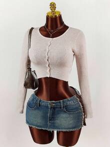 Amplova Cárdigan corto de punto acanalado, Tops de manga larga - Beis - Ver 4