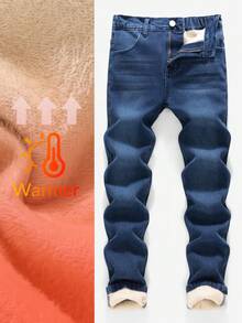 SHEIN 青少年男孩时尚休闲 Y2K 复古酷炫街头返校学院风基本款简约深蓝色牛仔抓绒鞋底保暖抓绒弹力修身牛仔裤，适合青少年男孩日常穿着，柔软舒适，也适合儿童秋冬季锐舞派对、节日和街头服饰校园穿着。