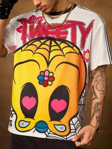 LOONEY TUNES X SHEIN 男士夏季字母卡通图案圆领短袖T恤 - 白色 - 查看 6