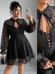 Elenzga Plus Size Women's Elegant Lace Long Sleeve Casual Party Dress