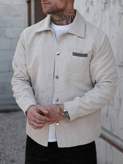 Manfinity CasualCool Men's Long Sleeve Autumn Color Block Single Breasted Pocket Casual Jacket , Men's Long Sleeve Casual Metal Buckle Front Pocket Corduroy Texture Shirt Style Jacket INS Best-Selling Casual Elegant Jacket Suitable For Spring And Autumn