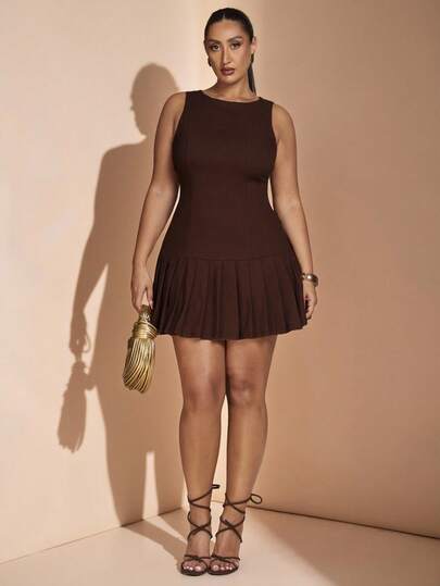 SHEIN BAE Vestido mini con pliegues y sin mangas para mujer de talla grande, vestido mini marrón para principios de otoño/otoño e invierno