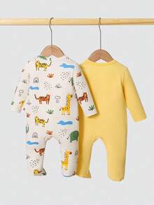 Cozy Pixies Conjunto de 2 piezas de pelele de manga larga con cuello redondo suave y estampado de animales de dibujos animados para bebé recién nacida - Amarillo - Ver 2