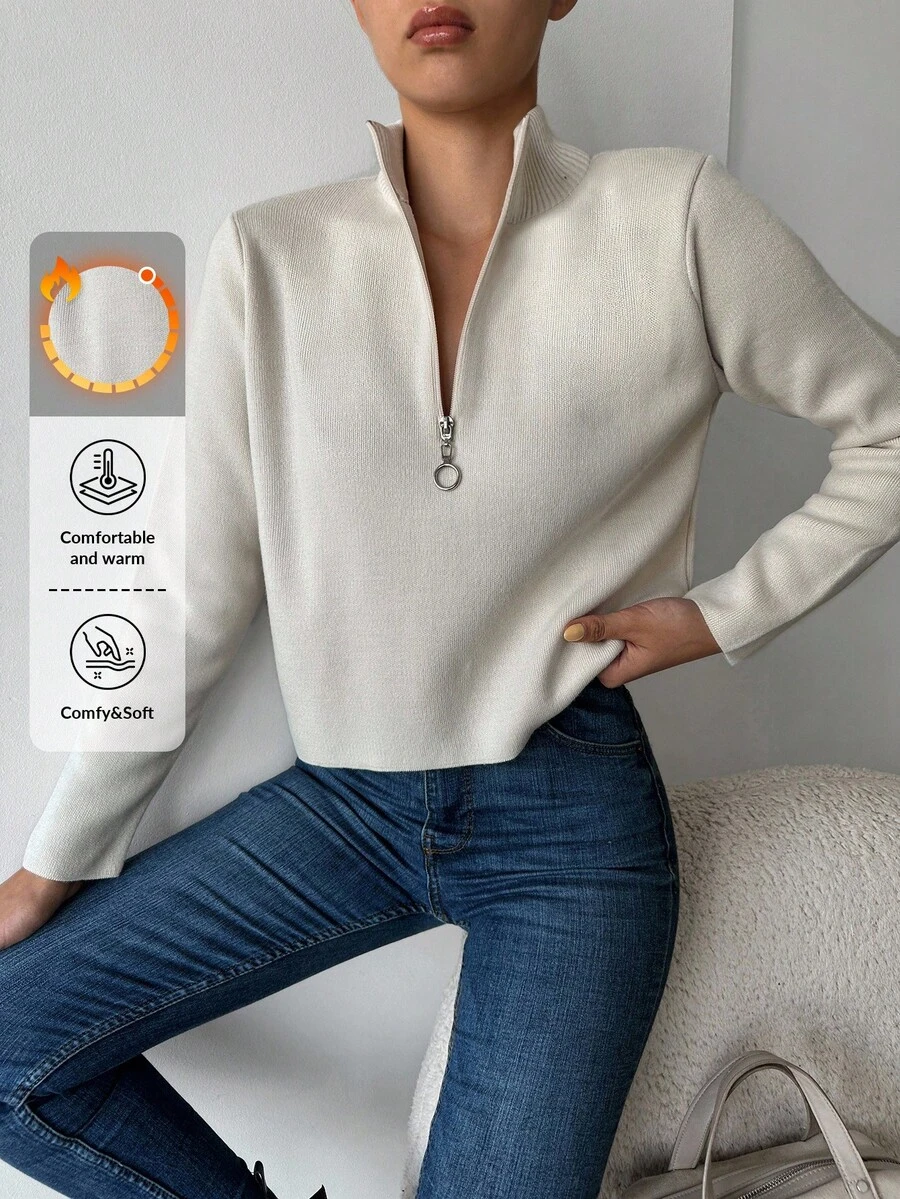 Half Zip Ribbed Knit Sweater - White - View 1