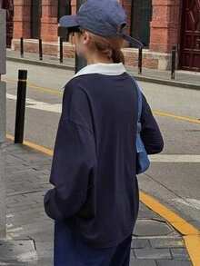 DAZY 少女休闲宽松图案刺绣T恤，秋季 - 藏蓝色 - 查看 6