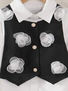 3pcs Girls Vacation Casual Elegant 3D Floral Decor Vest, Long Sleeve Shirt And Pleated Skirt Set Fall Winter - Black - View 6