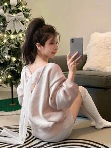 DAZY Women's Loose Casual Solid Color Backless Mesh Patchwork Bow Tie Knitted Pullover Sweater, Autumn/Winter,New Year,Christmas