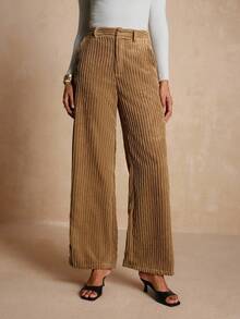 Vesra Women's Wide Leg Pants With Corduroy Texture And Side Pockets - Coffee Brown - View 4
