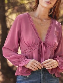 Blusa de manga larga con cuello en V, encaje y lazo delantero, de gasa, para otoño e invierno - Rojo violeta - Ver 6