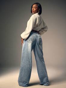 Denimoi Drawstring Waist Baggy Wide Leg Washed Denim Jeans - Light Wash - View 4