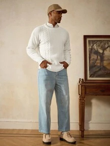 Manfinity Homme Suéter Casual de Gola Careca de Manga Longa e Cor Sólida, Outono/Inverno