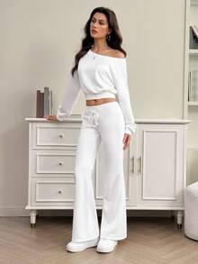 SHEIN Tall 2 Stücke/Set Damen weißer asymmetrischer Ausschnitt Sweatshirt und weite Jogginghose Set