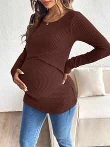 SHEIN Maternity Nursing Casual Solid Color Round Neck Fitted Long Sleeve T-Shirt, Autumn Pregnant Long Sleeve Maternity Top Fall - Coffee Brown - View 8