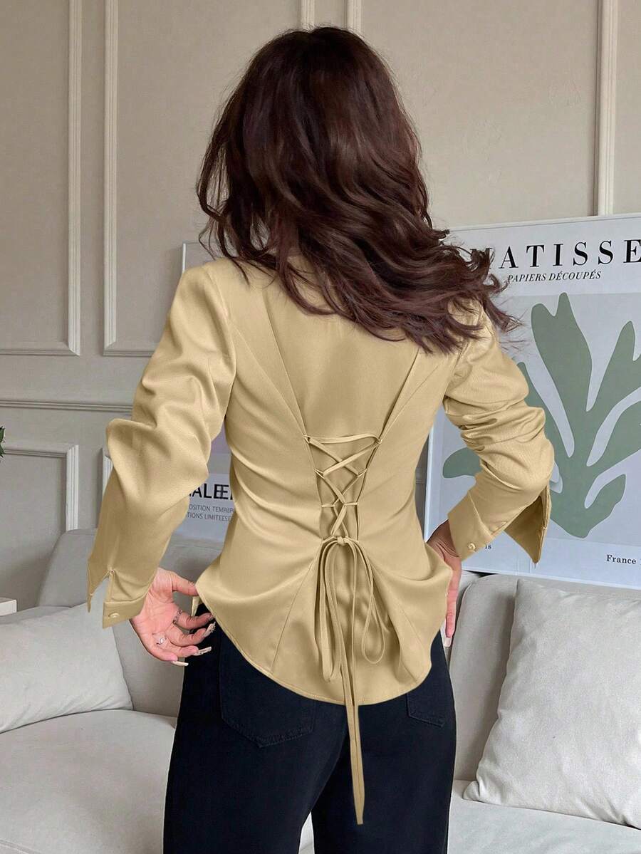 SHEIN EZwear 女式杏色前扣长袖抽绳休闲衬衫，秋季 - 杏色 - 查看 1