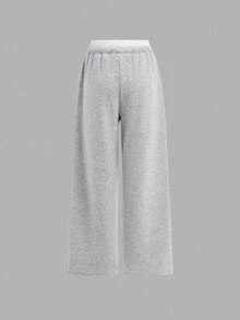 SHEIN 青少年女孩宽松休闲撞色边简约舒适中腰阔腿裤 - 淺灰色 - 查看 3