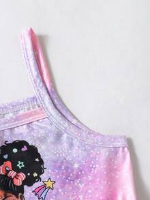 SHEIN 2pcs/Set Young Girl Camisole And Shorts, Summer Casual Outfit With Personalized, Featuring Space Graffiti Pattern Camisole Top And Matching Shorts, Suitable For Outdoor, Beach, Suitable For Girls