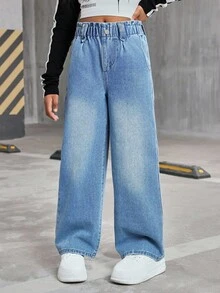 青少年女孩宽松水洗蓝色牛仔阔腿牛仔裤，休闲百搭，适合日常穿着和上学 - 中等水洗藍 - 查看 5