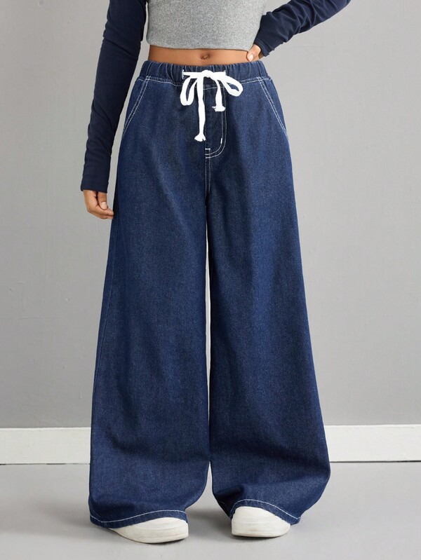 SHEIN Jeans de mezclilla azul oscuro de ajuste holgado para niñas preadolescentes