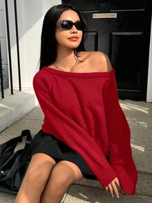 SHEIN EZwear 女士纯色斜肩插肩袖休闲宽松针织毛衣，秋冬 - 紅色 - 查看 3