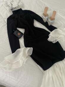 INAWLY Plus Size Color Block Stand Collar Ruffle Hem Fitted Long Sleeve Dress - Black - View 2