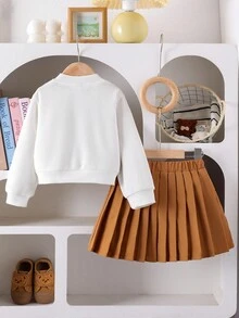 Elladie kids 女孩休闲日常针织开衫夹克，带有可爱的小熊补丁，搭配棕色裙子，两件套秋季户外服装 - 卡其色 - 查看 2