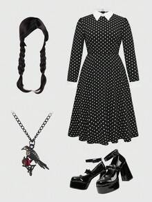 ROMWE Avant Plus Size Women Polka Dot Pattern Cosplay Role-Playing Mid-Length Dress, Slimming - Black and White - View 1