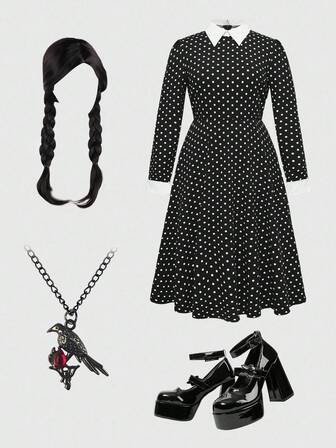 ROMWE Avant Robe mi-longue à motif pois pour femmes grandes tailles, amincissante, pour le cosplay et le jeu de rôle