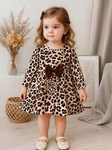 Infant/Baby Girl Playful Leopard Print Brown Bow Long Sleeve Dress, Baby Girl Clothing, Infant & Toddler Clothing, Girls' Infant & Toddler Clothing, Girls' Infant & Toddler Tops, Girls' Infant & Toddler Dresses, Vacation, Party, Leopard Print, Suitable For Spring, Autumn, Winter, 6M-3T Baby Girl Leopard Dress Infant Girl Leopard Print Dress Baby Leopard Outfit Baby Girl Long Sleeve Leopard Dress Leopard Print Baby Clothes Fall - Multicolor - View 1
