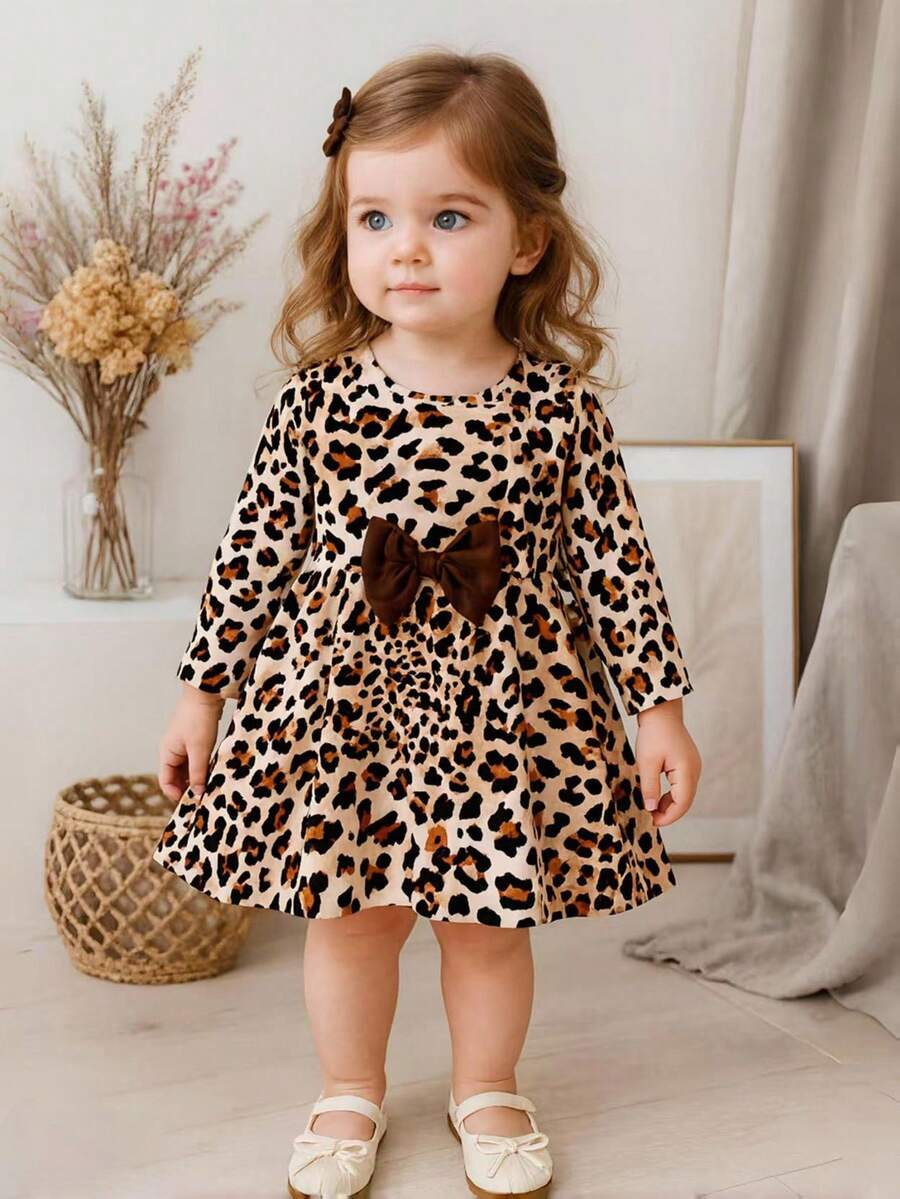 Infant/Baby Girl Playful Leopard Print Brown Bow Long Sleeve Dress, Baby Girl Clothing, Infant & Toddler Clothing, Girls' Infant & Toddler Clothing, Girls' Infant & Toddler Tops, Girls' Infant & Toddler Dresses, Vacation, Party, Leopard Print, Suitable For Spring, Autumn, Winter, 6M-3T Baby Girl Leopard Dress Infant Girl Leopard Print Dress Baby Leopard Outfit Baby Girl Long Sleeve Leopard Dress Leopard Print Baby Clothes Fall - Multicolor - View 1