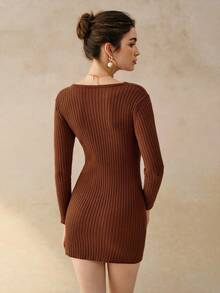 Cévolie Women's Solid Color Round Neck Long Sleeve Ribbed Button Design Casual Knitted Dress, Autumn