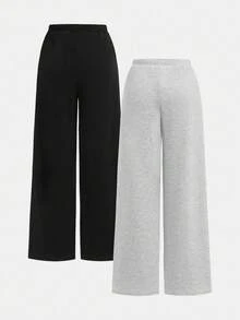 SHEIN Tween Girl Loose Casual Minimalist Versatile Wide Leg Ribbed Knit Solid Gray And Black 2 Color Drawstring Sweatpants 2pcs Clothes Set - Multicolor - View 2