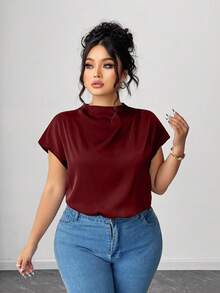 SHEIN LUNE Áo sơ mi vải poplin đen trơn thanh lịch cỡ lớn dành cho nữ, mùa xuân/hè - Màu Đỏ Sâu - Xem 4