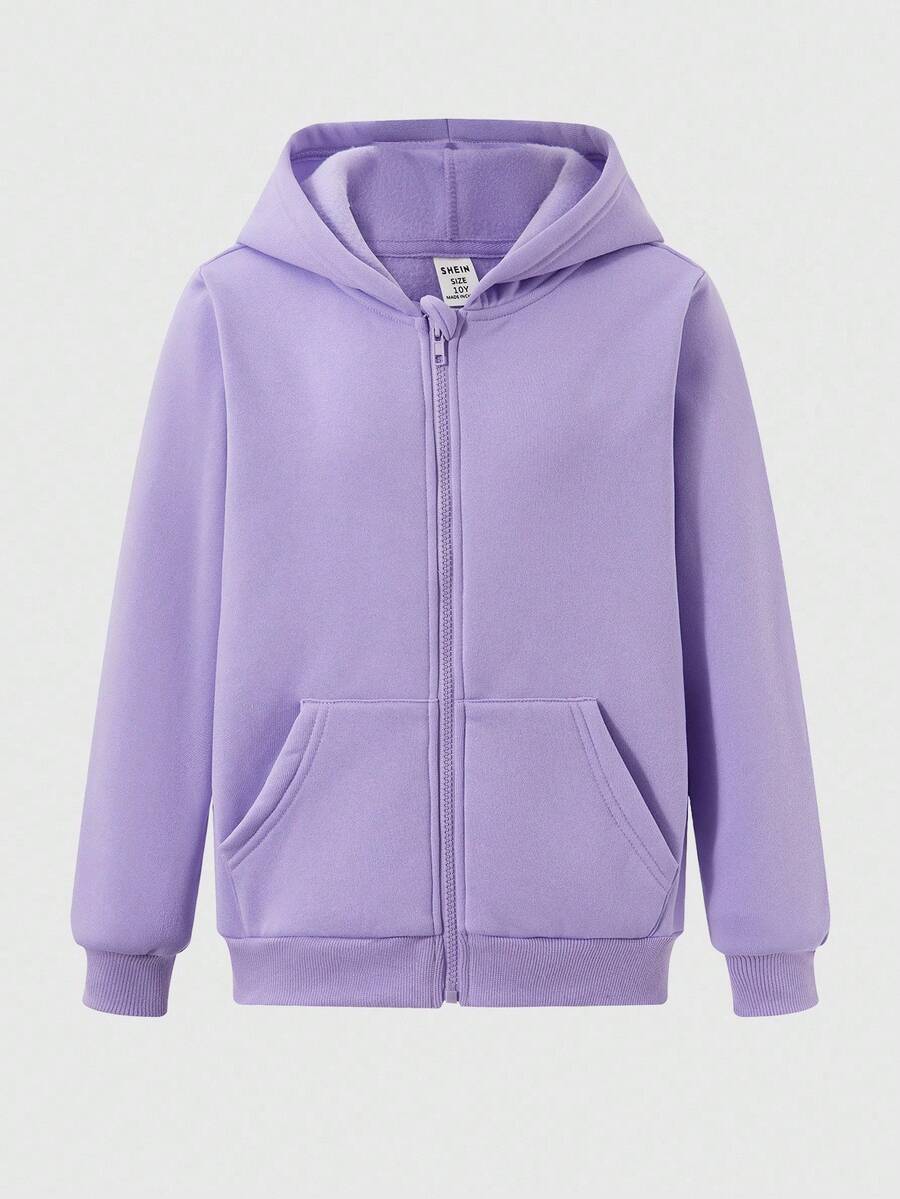 SHEIN Sparklyn 青少年女孩纯色连帽长袖拉链休闲百搭运动衫 - 紫色 - 查看 1