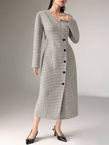 Heiryn Women's Elegant Commuter Houndstooth Front Button Long Dress - Grey - View 3