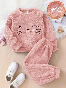 SHEIN 2 件套年轻女孩双面羊毛圆领运动衫和运动裤，女孩秋季休闲装