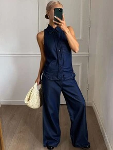 DAZY 无袖翻领修身背心上衣、阔腿裤、腰带西部牛仔女装秋季套装、休闲度假女士牛仔套装 - 藍色 - 查看 4