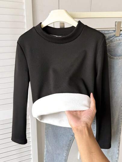 SHEIN Tween Girls' Fleece Lined High Neck Slim Fit Long Sleeve T-Shirt, Soft & Comfortable All-Match Versatile Black Thermal Undershirt Fall Winter