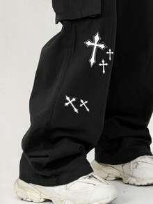 SHEIN Tween Boys Vacation College Style Slant Pockets 3D Patch Pockets Cross Pattern Straight Loose Solid Color Woven Pants, Baggy Cargo Pants, Black Cargo Pants, Pants With Crosses,Ensemble Hiver,Winter Clothing,Fall Outfits,Fall Clothing,All Clothes For Kids,Black Pants,