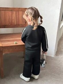 SHEIN Baby/Toddler Girls 0-3Y Casual Cute Fruit Pear Print Round Neck Long Sleeve Sweatshirt + Ribbed Leggings Pants 2-Piece Set, Spring/Summer Fall Winter - Black - View 2