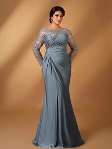 Serin Plus Size Elegant Luxury Beaded & Sequin Embellished Ruched Mermaid Hem Satin Gown, Suitable For Wedding Event, Bachelorette Party, Gala, Cocktail, Mother Of The Bride Dress