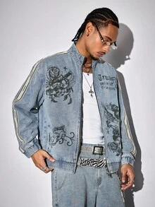 ROMWE MEN Street Life 男士落肩撞色条纹立领拉链时尚百搭创意玫瑰图案牛仔夹克 - 藍色 - 查看 11