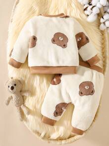 SHEIN 新生男婴杏色卡通泰迪熊毛绒圆领连帽衫和裤子两件套可爱休闲 - 彩色 - 查看 2