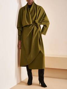 Zivah 2025冬季新款圣诞新年生日派对宴会学院风学生日常外出百搭休闲邮轮旅行网红热销街头风优雅通勤商务休闲不对称领长袖腰带不对称下摆宽松军绿色大衣冬季长款圣诞外套新年外套女式外套 - 橄欖綠 - 查看 8