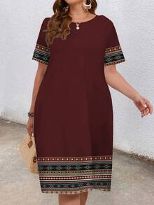 Mellowie Plus Size Women's Round Neck Short Sleeve Stripe Retro Print Dress, Suitable For Spring Summer Vacation Chic Dress - Multicolor - View 4