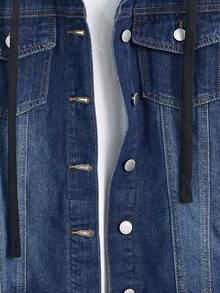 Comfortcana Raw Hem Drawstring Hooded Denim Jacket, Fall Women Clothes - Dark Wash - View 7