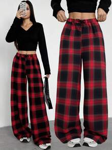 Sparklyn Teen Girls Plaid Print Casual Pants, Suitable For Daily, Commuting, School Campus, Hanging Out - Autumn