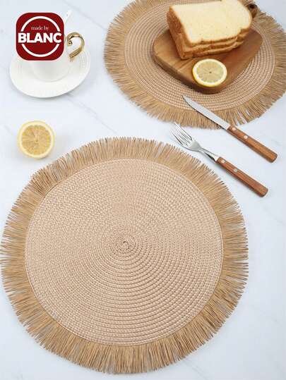4pcs Tassel Decor Placemat, Woven Design Round Table Mat For Dining Table