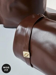 SHUZIA Women's Wide-Calf Knee High Fold Over Pointy Toe Wedge Boots For Christmas - Brown - View 6